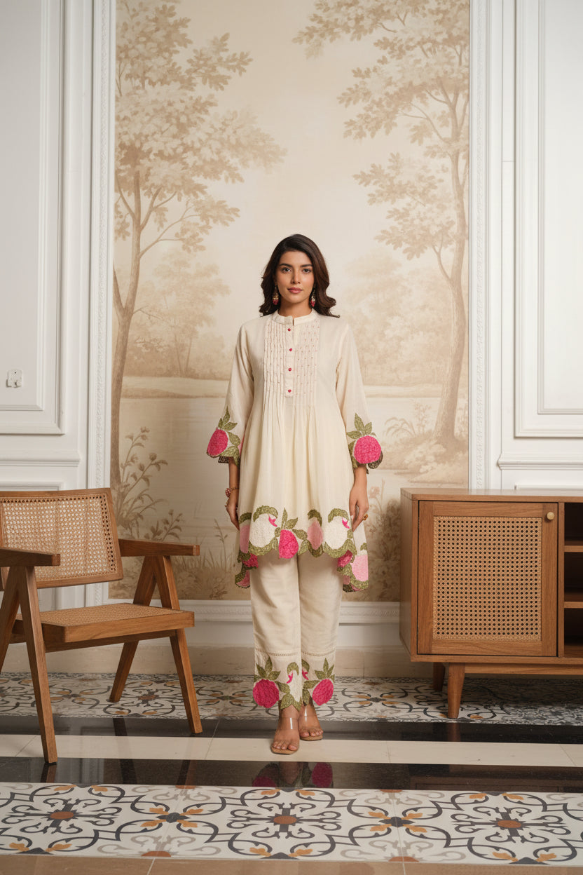 OFF - White Mul Cotton Embroidered Co-Ord Set with Mul Lining