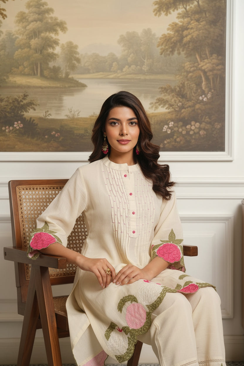 OFF - White Mul Cotton Embroidered Co-Ord Set with Mul Lining