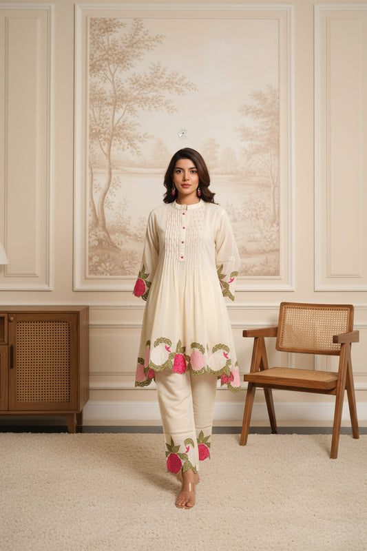 OFF -White Mul Cotton Embroidered Co-Ord Set with Mul Lining