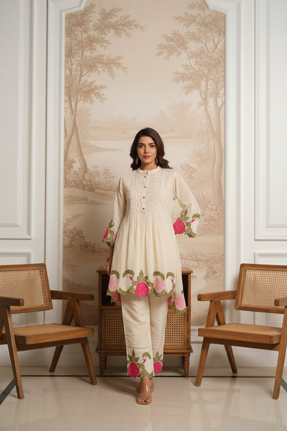 OFF - White Mul Cotton Embroidered Co-Ord Set with Mul Lining