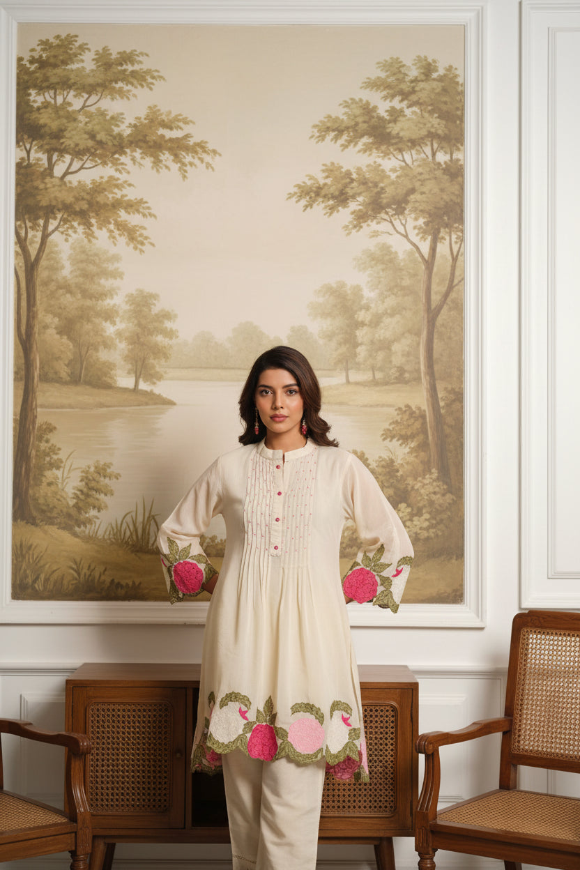 OFF - White Mul Cotton Embroidered Co-Ord Set with Mul Lining