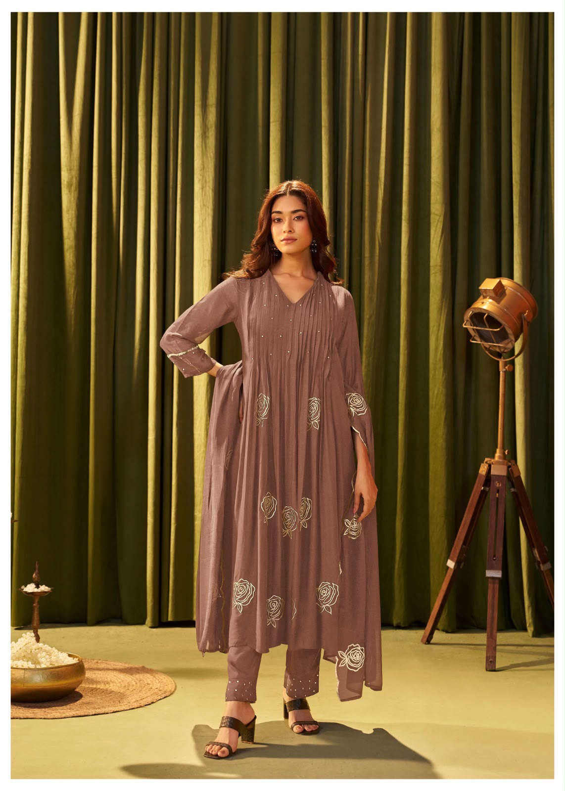 Pure Mul Chanderi Mauve Brown Suit Set