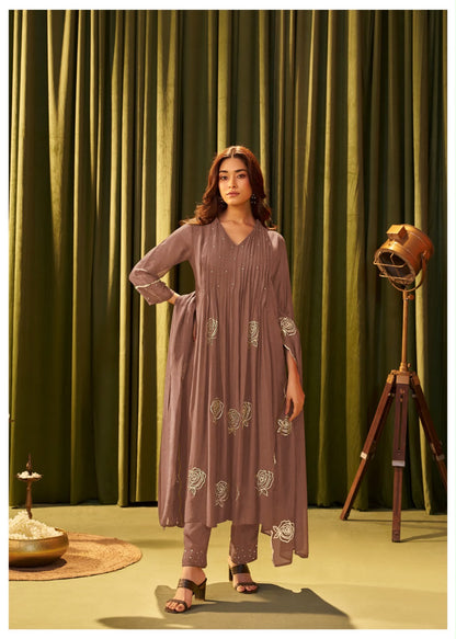Pure Mul Chanderi Mauve Brown Suit Set