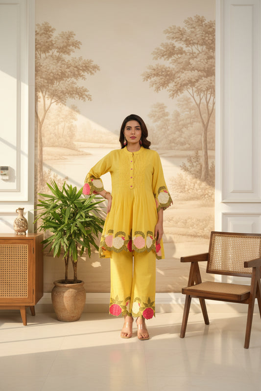 Yellow Mul Cotton Embroidered Co-Ord Set with Mul Lining