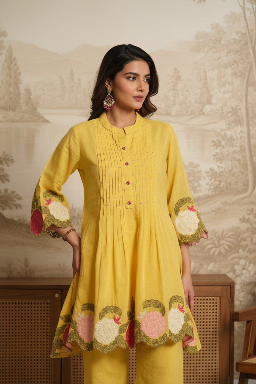 Yellow Mul Cotton Embroidered Co-Ord Set with Mul Lining