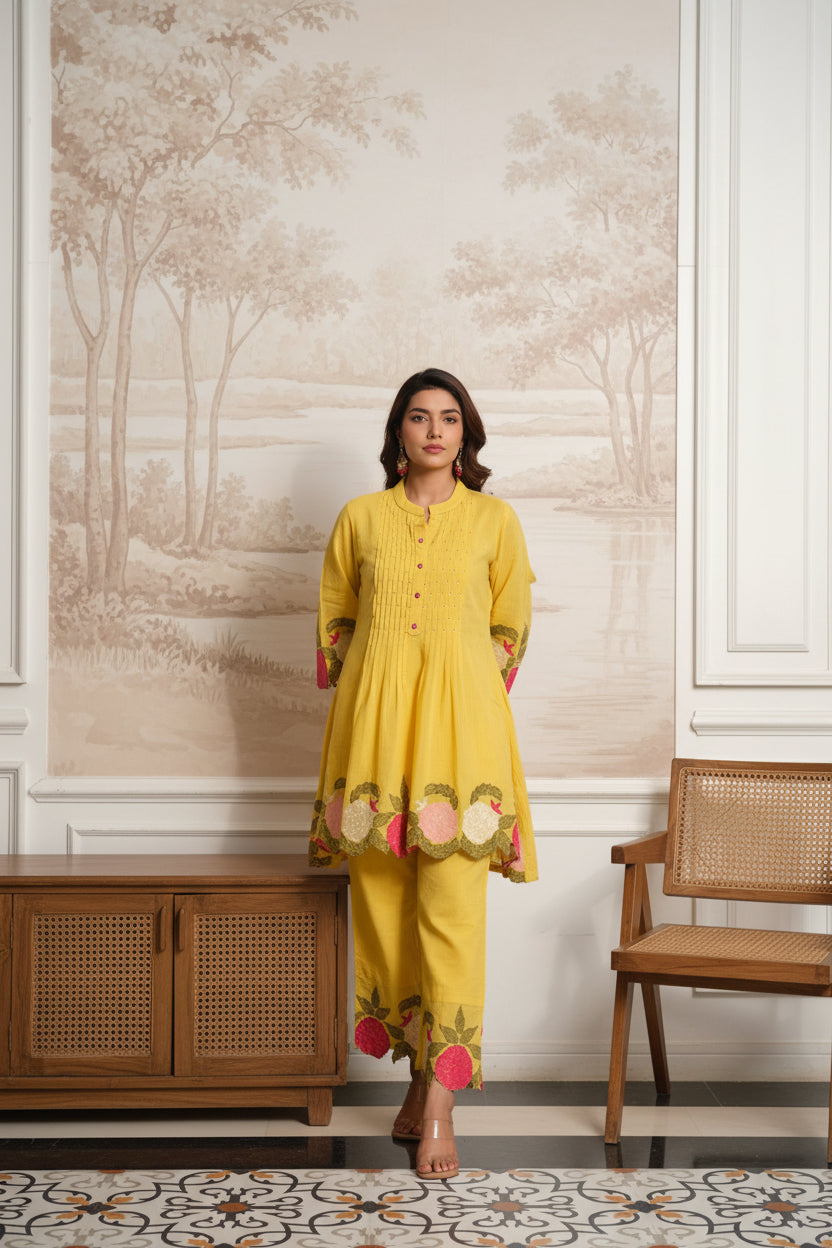 Yellow Mul Cotton Embroidered Co-Ord Set with Mul Lining