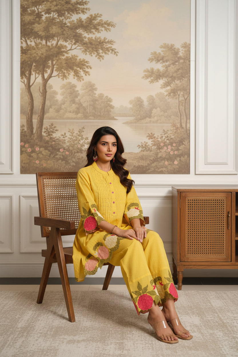 Yellow Mul Cotton Embroidered Co-Ord Set with Mul Lining