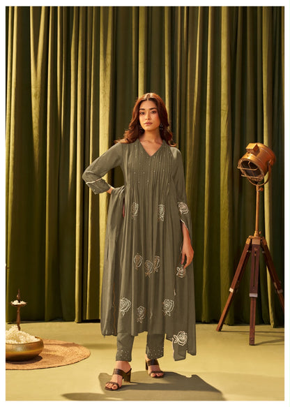 Pure Mul Chanderi Olive Green Suit  Set