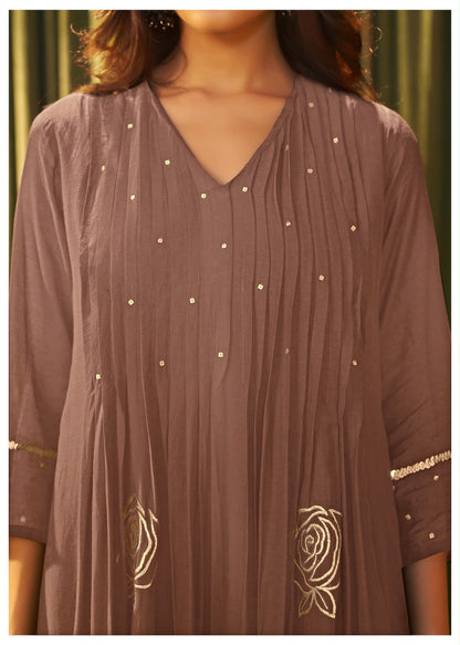 Pure Mul Chanderi Mauve Brown Suit Set