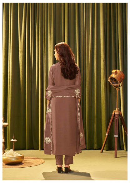Pure Mul Chanderi Mauve Brown Suit Set