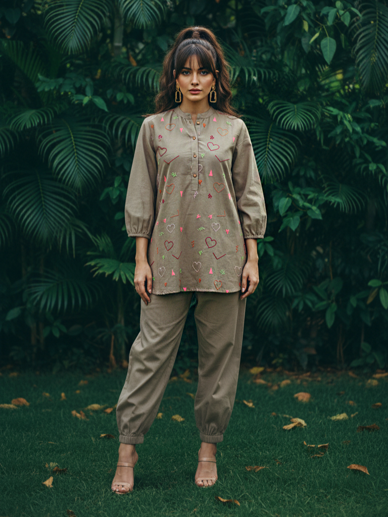 Dusty Olive Grey Embroidered  Cotton Co-Ord Set – BHAVIAURA