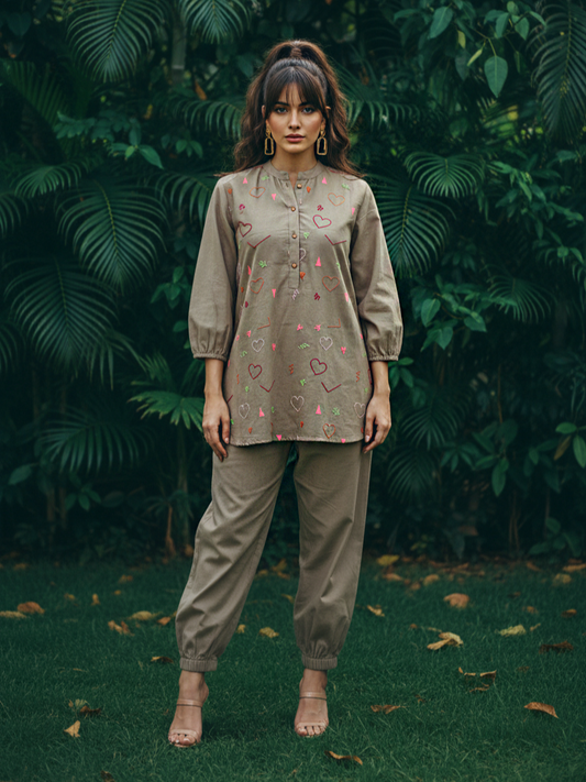 Dusty Olive Grey Embroidered  Cotton Co-Ord Set – BHAVIAURA