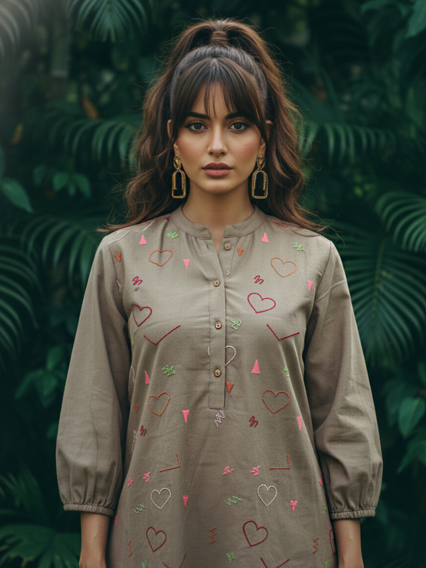 Dusty Olive Grey Embroidered  Cotton Co-Ord Set – BHAVIAURA