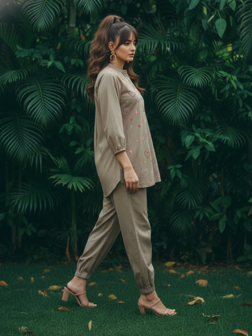 Dusty Olive Grey Embroidered  Cotton Co-Ord Set – BHAVIAURA
