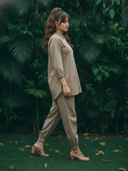 Dusty Olive Grey Embroidered  Cotton Co-Ord Set